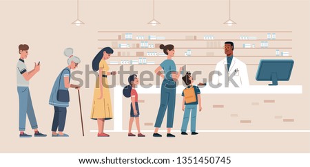 vector illustration of a queue of different people behind the counter in the pharmacy where a young pharmacist sells various medications