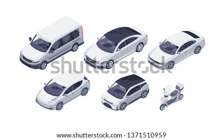 Flat isometric high quality vector modern design cars. Sedan, van, electric car and scooter. For infographics, commercial, web and game design