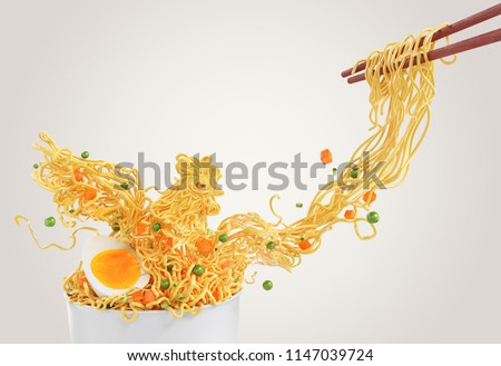 Chicken Noodles consist of peas and carrots, chopped with chopsticks form white Cup, 3d illustration. Foto d'archivio © 