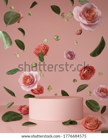 Abstract background Scene for cosmetic Product and Package Presentation,Vintage flower falling on Podium Display, 3d rendering.