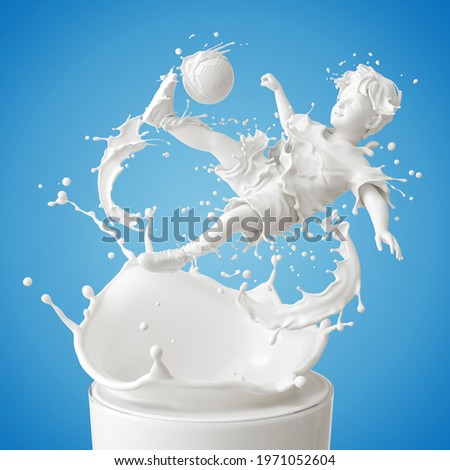 Splash of milk in form of Boy's body playing football over milk glass, Boy soccer player, Splash of milk with clipping path. 3D illustration.