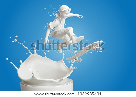 Splash of milk in form of Boy's body playing skateboard over milk glass, Young skater player, Splash of milk with clipping path. 3D illustration.