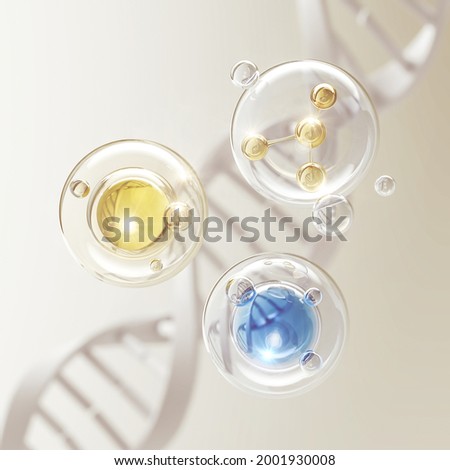 Collagen Serum bubble on Dna Background, cosmetic oil liquid advertising 3d rendering.