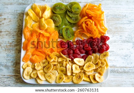 Selection of colorful dried fruits on a plate
