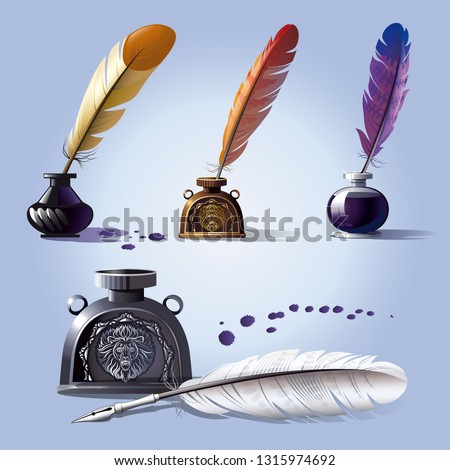 Vector set of ink tanks with colorful writing bird feathers