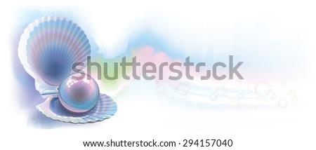 Banner is a beautiful shell with a pearl on watercolor background