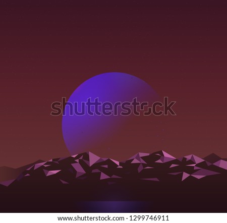 Futuristic landscape mountain and space mysterious planet, retrowave background