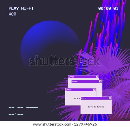 Space and tropical palm vaporwave neon vhs background design template