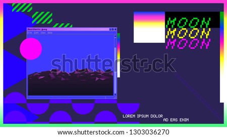 Aesthetic geometric elements, retro bold violet neon color and space landscape scene in windows OS style frame