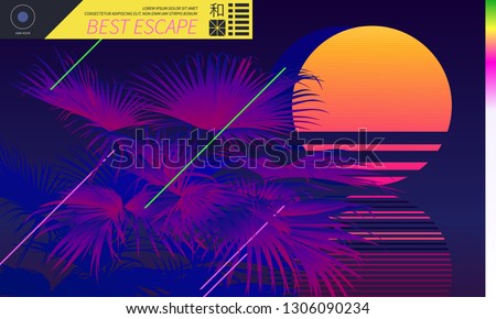 Retrowave beach sunset and neon violet tropical palm background template - Japanese word 'Wa' means peace or harmony