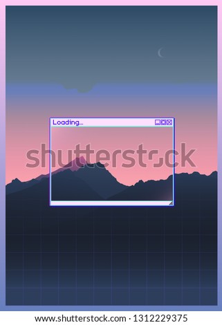 Retrowave mountain scene soft pastel neon gradient background with windows OS style frame background, aesthetic feeling