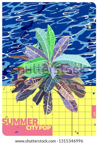 Vintage retrowave city pop style tropical Croton plant and 80s style swimming pool graphic illustration background template