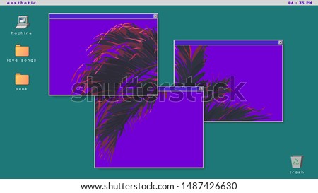 Tropical palm tree on ultraviolet flat background, futuristic minimal vaporwave vintage - retro vibe / nostalgic OS windows and icon style background 