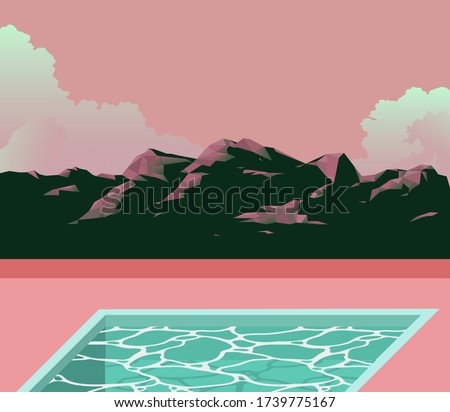 Retrowave illustration of polygon mountain scene, cloud  and outdoor swimming pool, soft pastel pink and green gradient color, aesthetic feeling