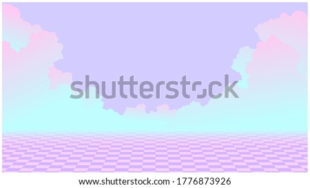 Aesthetic sweet neon sky scene and checkered tile floor illustration, cool purple pink and green techno summer vibe