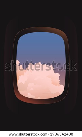 View of big clouds from an airplane window, aesthetic cool tint pastel color palette, nostalgis feeling