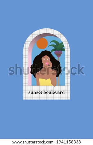 Aesthetic tan island girl and flower in her mouth in arch window with palm tree and sun, simple print template cute and vintage summer vibe