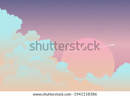 Soft pastel neon glow cloud, plane and big sunset view landscape, nostalgia retrowave VHS vibes voyage and goodbye concept