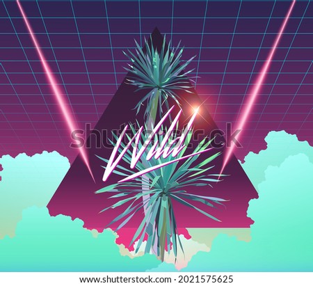 Tropical exotic Dracaena plant background poster template design, Retrowave 80s style, laser perspective line and triangle shape on neon green cloud