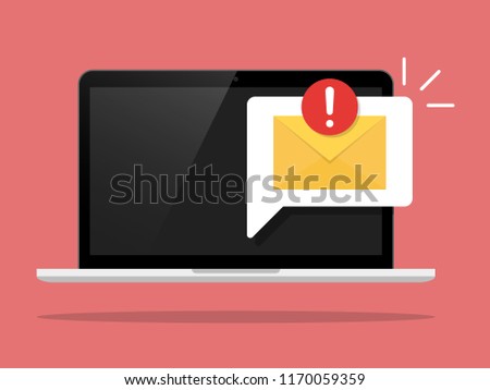 Laptop with envelope and document with exclamation point on screen. Receive notification, alert message, warning, get e-mail, email, spam concepts. Flat design vector illustration