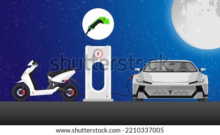 Electric car and scooter at charging station. Front view electric car side view bike