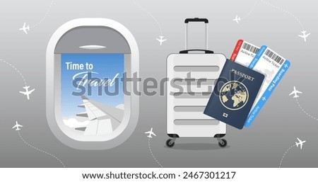Airplane window travel concept with Luggage Passports and Travel Pass illustration vector
