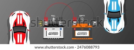 Race Cars battery jump start top view Correct connecting the jumper cables vector