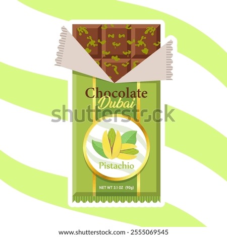 Sweet Dubai chocolate with pistachio and kataifi dough in milk chocolate. Bar of chocolate with pistachio paste filling. Vector illustration of trending