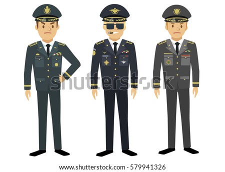 Infantry, aviation and navy generals in different military uniform in flat style isolated on white background