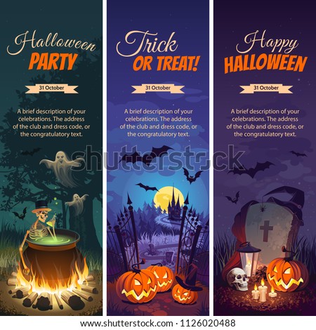 Halloween banners with text and characters - pumpkins, bats, ghosts and Skeletons on the night background. 