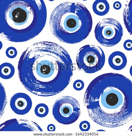Seamless Pattern with hand drawn Turkish eye. Symbol of protection Turkey, Greece, Cyprus, Crete. Background with magic items, attributes. Amulet - blue Turkish Fatima's Eye.