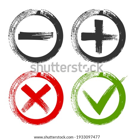 Design of check list marks, choice options, test, quiz or survey signs. Circles with black plus and minus, red x and green tick check marks. Approval signs.