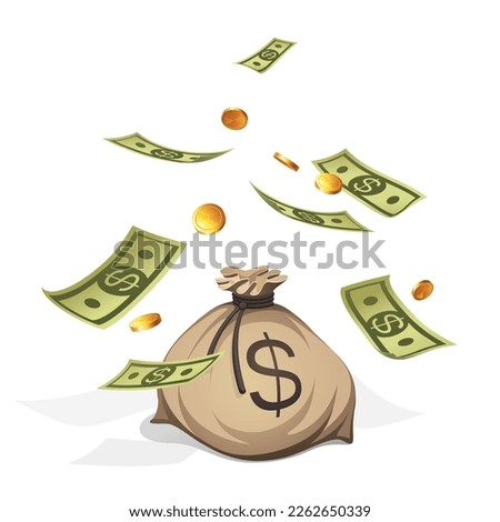 Green USA paper currency. Falling twisted money and money bag. Realistic money business concept. Wealth and success symbol. Vector illustration
