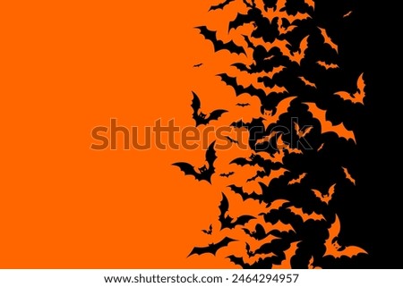 Horizontal Halloween banner with black bats on the orange background. Illustration with a place for text.
