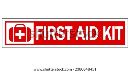First aid kit, information sign with medical bag and text. Horizontal strip shape, sticker.