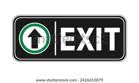 Exit sign, directional arrow inside a green border circle. Text on the right. Black background. Horizontal shape.