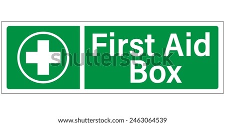 First aid box, green information sign with symbol and text. Horizontal  strip shape, sticker.