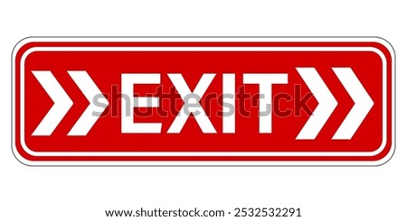 Exit sign with two right arrows on both side of the word exit. Red background, horizontal shape. Sticker.