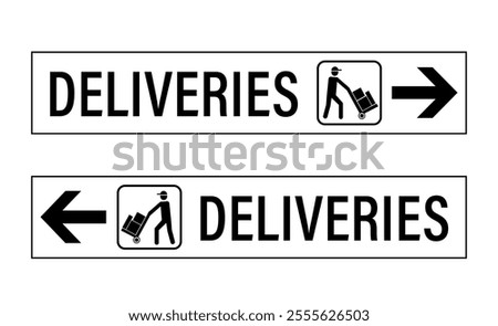 Two delivery entrance sign, one with arrow pointing left, the other ponting right, with silhouette of deliveryman and text. Horizontal shape.