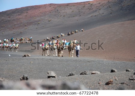 TIMANFAYA NATIONAL PARK, LANZAROTE, SPAIN - JUNE 10: Tourists ride on camels being guided by local people through the famous Timanfaya National Park in June 10, 2009