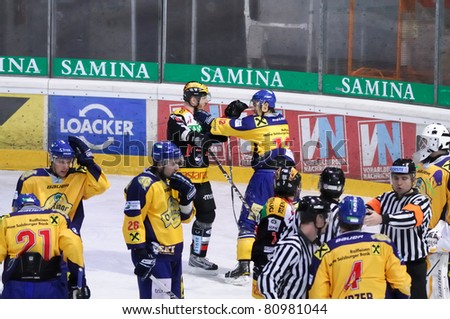 ZELL AM SEE, AUSTRIA - FEB 22: Austrian National League. One of many fights in penalty filled game. Game EK Zell am See vs. VEU Feldkirch (Result 3-1) on February 22, 2011 at hockey rink Zell am See