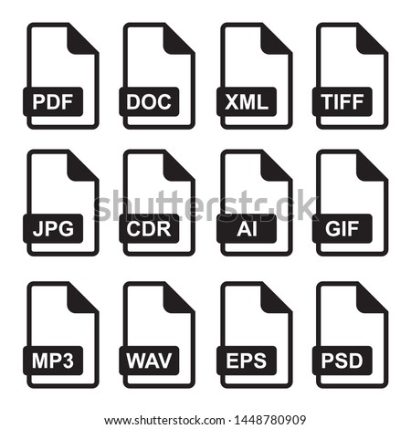 File format icon set vector. pack of document, system, office, graphic, audio, music, media and programming files types. Icon set of file extensions.