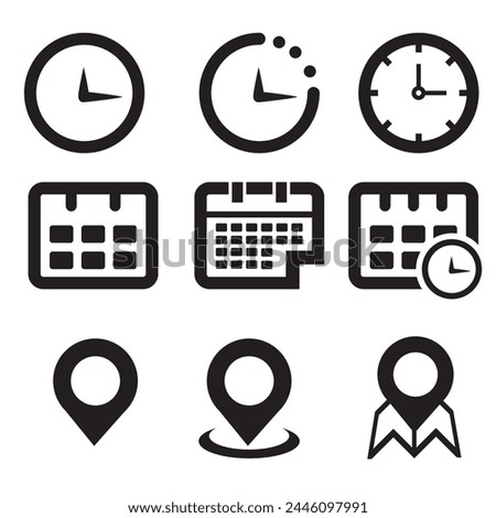 Time, date, and location icons Vector set