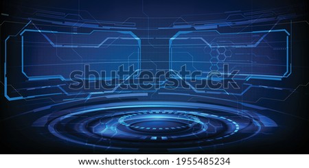 Vector illustrations of futuristic digital hi tech round curve screen with digital element architect environment dark blue stage layout showroom for digital interface artwork.