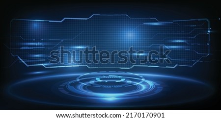 Vector illustrations of Virtual digital futuristic glowing neon stage with digital element around and curve empty screen for advertising and game artwork.Future technology and innovation concepts.