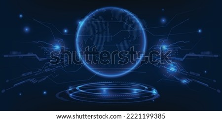 ์Vector illustrations of neon blue glowing futuristic globe on digital hi tech pattern curve plane.Futuristic digital technology concepts.