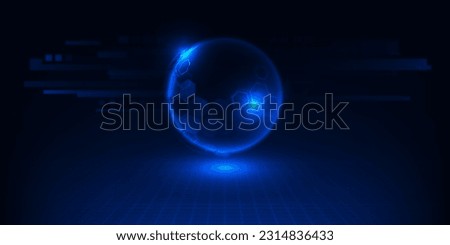 Vector illustrations of futuristic blue hologram globe floating on futuristic digital perspective ground.Digital communication innovation and technology concepts.