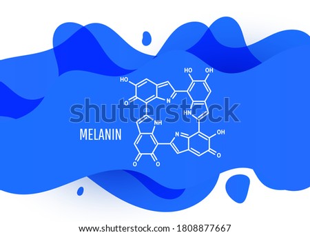 Melanin structural chemical formula with a blue liquid fluid gradient shape with copy space on white background