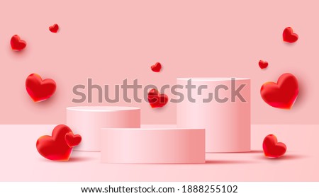 Empty podiums, pedestals or platforms with flying red love balloons on a pink background. Minimal scene with geometrical forms for product presentation. Vector illustration