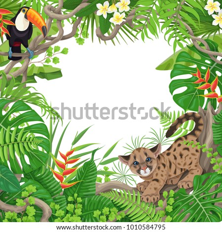 Colorful tropical leaves and flowers background. Square floral frame with funny Cougar Cub  and Toucan sitting on liana branches. Space for text. Rainforest foliage border. Vector flat illustration.